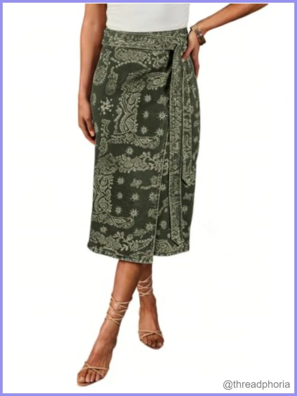 Western Wrap Denim Skirt Floral Print High Waist Tie Side Slit Midi Pencil